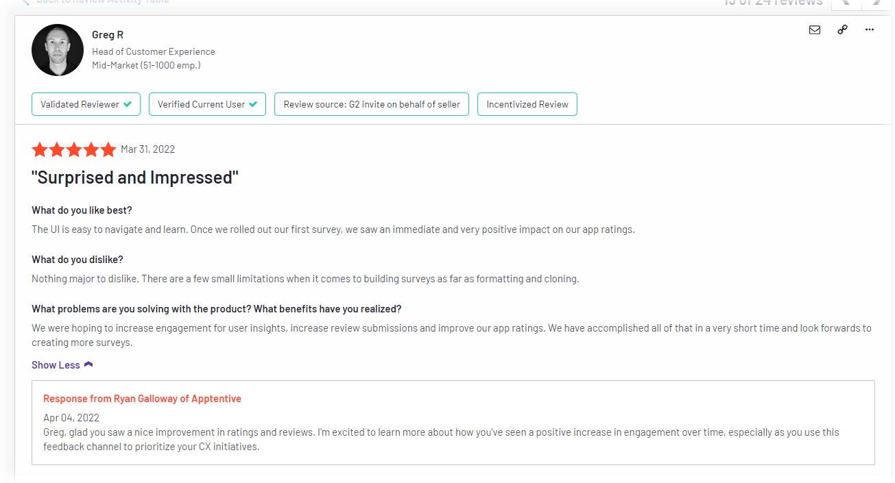 G2 Review Campaign An example of a G2 review received through an incentive campaign.
